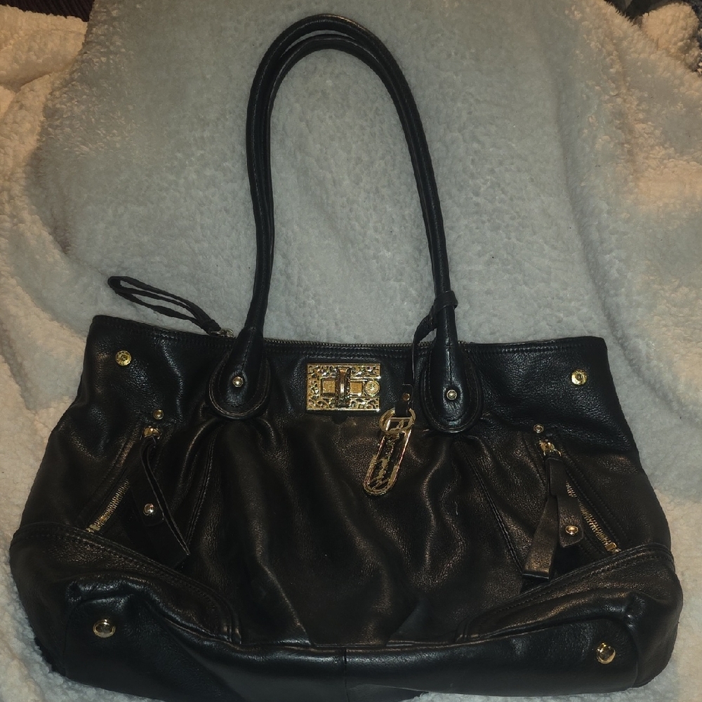 B. Makowsky Black Leather Shoulder Bag with Gold Accents
